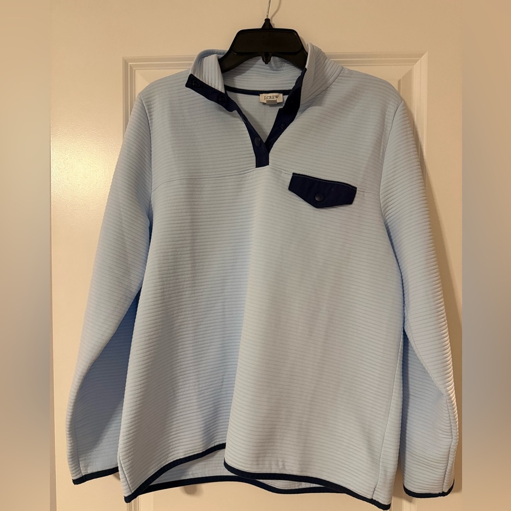 J Crew Light Blue pullover with Dark Blue Trim Sz large
